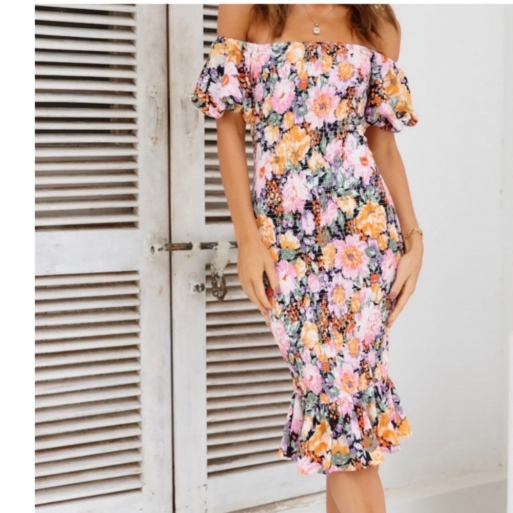 Hello Molly Floral Smocked Off‎ Shoulder Midi Dress Pink Orange Puff Sleeve US 6